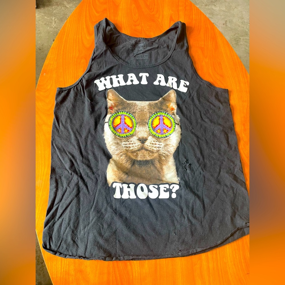 Black Cat Tank Top with Peace Sign Design